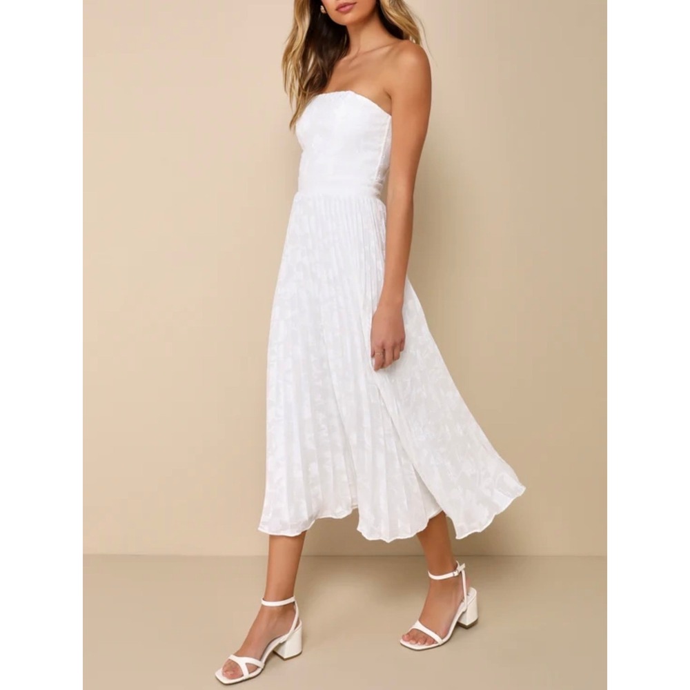 Lulus Stunning Ivory Floral Jacquard Strapless Pleated Midi Dress Sz L New 2839